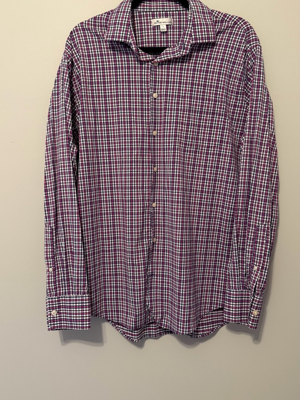 Peter Millar Men’s Large Plaid Button Down Dress Shirt Pink Blue